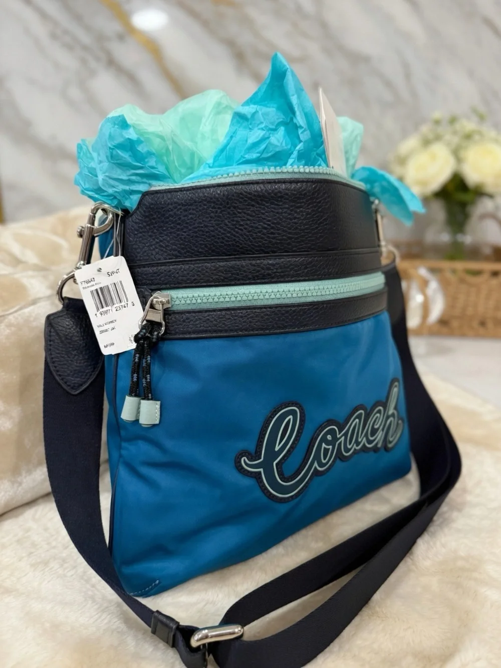 NWT Coach League Zip Crossbody Blue Nylon Leather Messenger Bag MSRP $328
